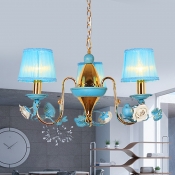Blue 3 Lights Pendant Chandelier Korean Flower Fabric Tapered Suspension Lamp with Metal Gooseneck Arm