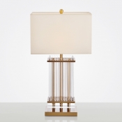 Modern Rectangle Table Light Metallic 1 Head Bedroom Fabric Nightstand Lamp in Gold with Clear Glass Bars