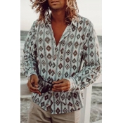 Novelty Mens Long Sleeve Lapel Collar Button Down Geometric Printed Relaxed Fit Shirt in Blue