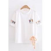Casual Girls Short Sleeve Round Neck Cat Printed Bow Tie Relaxed Fit T-Shirt