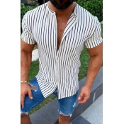 Chic Street Boys Short Sleeve Stand Collar Button Up Stripe Print Slim Fit Shirt