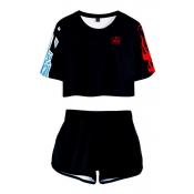Trendy Active Girls Black Short Sleeve Round Neck Letter SHOTO Ice and Flame Graphic Relaxed Crop Tee with Shorts