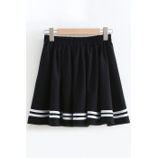 Stylish Street Ladies Elastic Waist Stripe Patterned Mini Pleated A-Line Skirt in Black