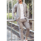 Streetwear Muscle Mens Long Sleeve Stand Collar Zip Up Letter Patterned Fitted Jacket with Long Pants