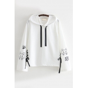 Cool Harajuku Long Sleeve Drawstring Cat Graphic Lace Up Relaxed Hoodie for Women