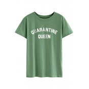 Womens Fashionable Short Sleeve Round Neck Letter QUARANTINE QUEEN Print Loose Fit T-Shirt