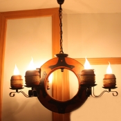 4/6 Lights Chandelier Light Industrial Candelabra Metal Pendant Lighting Fixture in Brown with Wood Ring Deco