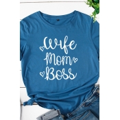 Casual Cool Rolled Short Sleeve Round Neck Letter WIFE MOM BOSS Heart Graphic Regular Fit Tee Top