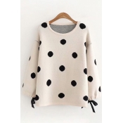 Womens Polka Dot Print Bow Tie Blouson Sleeve Round Neck Knitted Loose Fit Popular Pullover Sweater