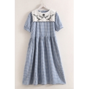 Womens Chic Short Sleeve Sailor Collar Floral Embroidered Checker Print Button Detail Mid Pleated Swing Dress
