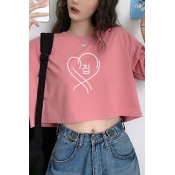 Novelty Girls Half Sleeves Crew Neck Korean Letter Heart Graphic Loose Cropped T-Shirt