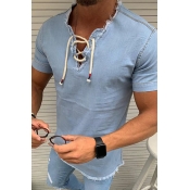 Boys Trendy Cool Short Sleeve Lace Up V-Neck Raw Edge Relaxed Fit Denim Tee in Blue
