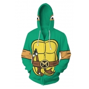 Creative Guys Green Long Sleeve Drawstring Zipper Front Cartoon Turtle 3D Cosplay Print Loose Hoodie