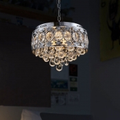 Clear Crystal Raindrop Chandelier Simple 4 Lights Living Room Pendant with Round Metal Cage in Chrome