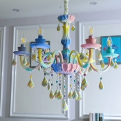Candle Girls Bedroom Hanging Chandelier Crystal 6 Heads Kids Pendant Light Fixture in Blue