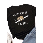 Fashionable Womens Rolled Short Sleeve Crew Neck Letter JUST DO IT LATER Sloth Graphic Fit Tee Top