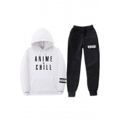Streetwear Girls Long Sleeve Drawstring Letter ANIME CHILL Print Pouch Pocket Loose Hoodie & Cuffed Carrot Fit Sweatpants Set