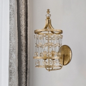 Candle Crystal Wall Light Fixture Modern 2-Bulb Bedroom Wall Lamp in Gold with Round Metal Cage