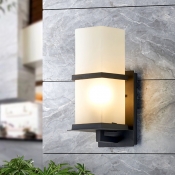 Rectangular Outdoor Sconce Light Lodge Milky Glass 1 Bulb Black Wall Mounted Lamp