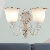 2 Lights Wall Sconce Traditional Bedroom Wall Lighting with Bloom White Glass Shade