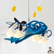 Airplane Metal Chandelier Light Fixture Cartoon 4 Bulbs Blue Pendant with Frosted Glass Shade