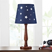 Star Patterned Barrel Fabric Table Light Modern 1-Light Dark Blue Nightstand Lamp with Wood Baluster Arm