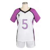 Purple Classic Colorblock Striped Footprint Number 5 Pattern V-neck Short Sleeve Graphic Sport Co-ords