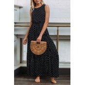 Popular Womens Polka Dot Print Sleeveless Round Neck Ruffled Maxi Pleated A-line Dress