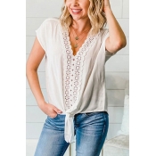 Popular White Short Sleeve V-neck Lace Trimmed Tied Hem Loose Fit T Shirt for Women
