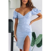 Classic Womens Blue Puff Sleeve V-neck Button up Slit Front Mid Sheath Dress
