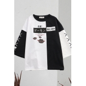 Stylish Womens Japanese Letter Demon Graphic Colorblock 3/4 Sleeve Crew Neck Loose T Shirt in Black and White
