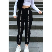 Black Hip Hop I'm Future Letter Print Tape Panel High Waist Ankle Length Cuffed Baggy Pants for Ladies