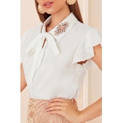 Formal Womens Butterfly Sleeve Rhinestone Bow Tie Spread Collar Relaxed Fit Plain Work Blouse