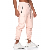Classic Mens Flap Pockets Bungee-Style Cuff Drawstring 7/8 Length Tapered Fit Cargo Pants in Pink