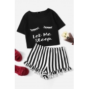 Popular Womens Letter Let Me Steep Cartoon Eyes Graphic Short Sleeve Round Neck Relaxed Crop Tee & Striped Stringy Selvedge Shorts Co-ords