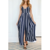Ladies Trendy Stripe Pattern Spaghetti Straps V-neck Bow-tie Back Slit Maxi Pleated A-line Slit Dress in Blue
