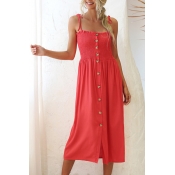 Classic Girls Bow Tied Shoulder Button down Pleated Plain Mid Pleated A-line Cami Dress