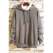 Stylish Mens Letter Embroidery Tape Pocket Drawstring Long Sleeve Relaxed Fitted Fake Two Piece Hooded Sweatshirt