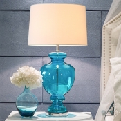 Drum Fabric Shade Nightstand Light Countryside 1-Light Bedside Table Lamp with Vase Blue Glass Base