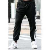 Black Basic Mens Striped Letter Huanmo Just So Cool Printed Cuffed Drawstring Ankle Length Tapered Fit Jogger Pants