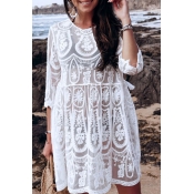 Beach Womens Allover Floral Embroidered See-through Lace Cut out Mini Pleated Swing Dress in White