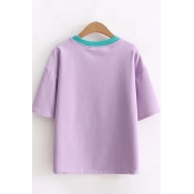 Preppy Girls Letter 100% Nature Cow Graphic Short Sleeve Contrasted Round Neck Relaxed Fit T Shirt in Purple