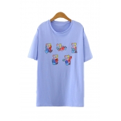 Stylish Cartoon Bear Printed Short Sleeve Round Neck Relaxed T Shirt for Women
