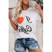 Casual Womens I Coffee Heart Graphic Short Sleeve Crew Neck Loose T-shirt in White