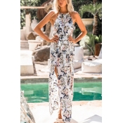 Beach Womens All-over Floral Printed Sleeveless Crew Neck Slit Sides Bow Tied Waist Maxi Shift Dress in White