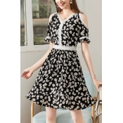 Popular Womens Daisy Floral Printed Lace Trim Short Sleeve Cold Shoulder Ruffled Short A-line Dress