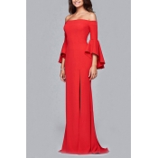 Boutique Solid Color Bell Sleeve Off the Shoulder High Cut Maxi Fishtail Dinner Dress for Ladies