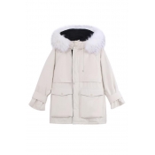 Womens Fashionable Plain Fur Trimmed Hood Long Sleeve Flap Pocket Zip Placket Tunic Parka Down Coat