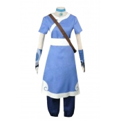 Anime Cosplay Costume Contrasted Short Sleeve Crew Neck Mid A-line Dress & Pants Blue Set with Gloves