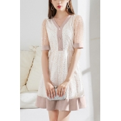 Pretty Ladies Sequins Sheer Mesh Short Sleeve V-neck Button up Contrasted Ruffled Short Pleated A-line Dress in White